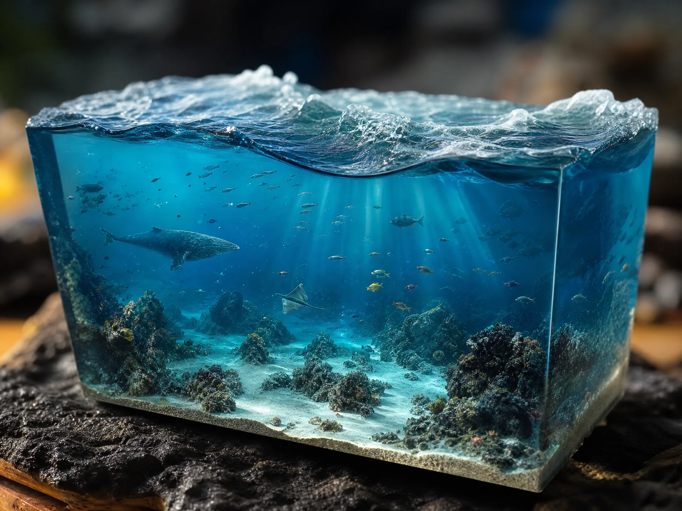 环氧树脂深海截面微缩造景，蓝﻿色海水与波浪